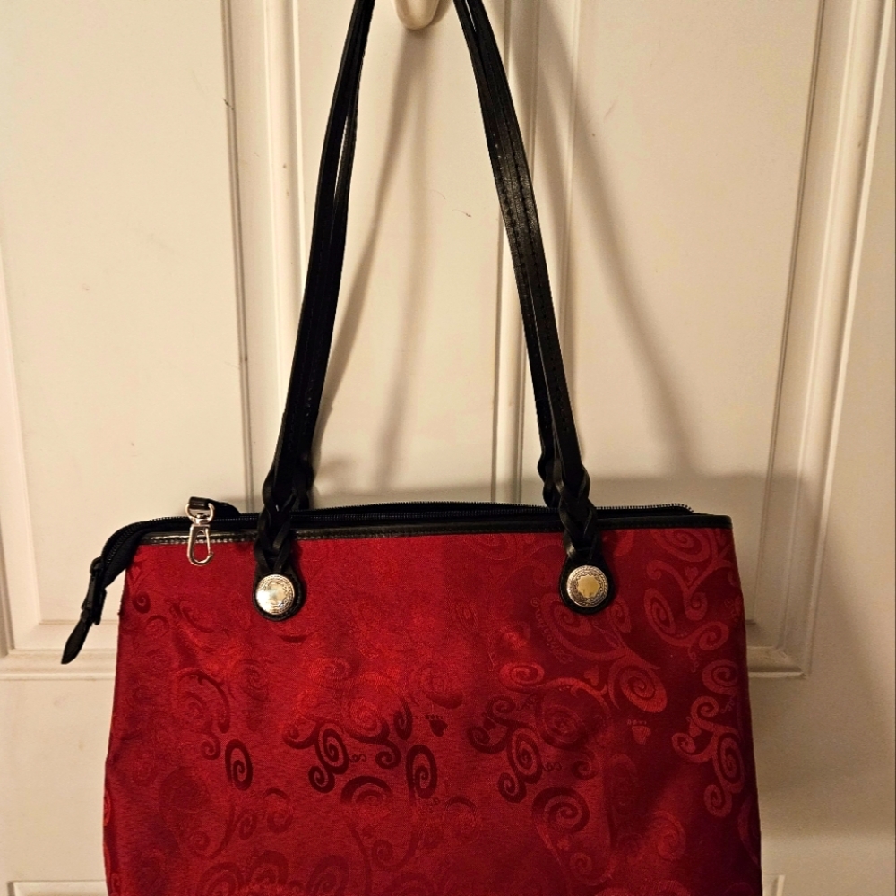Brighton Red Canvas Black Leather Trim Floral Shoulder Bag - Great Condition!